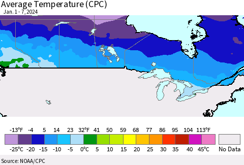 Canada Average Temperature (CPC) Thematic Map For 1/1/2024 - 1/7/2024