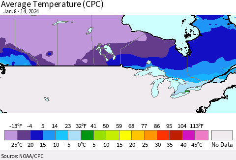Canada Average Temperature (CPC) Thematic Map For 1/8/2024 - 1/14/2024