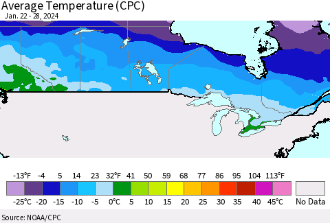 Canada Average Temperature (CPC) Thematic Map For 1/22/2024 - 1/28/2024