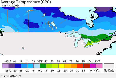 Canada Average Temperature (CPC) Thematic Map For 3/4/2024 - 3/10/2024