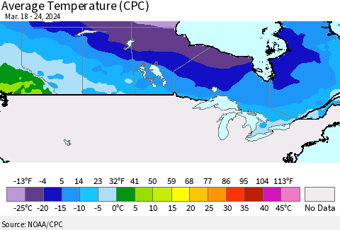Canada Average Temperature (CPC) Thematic Map For 3/18/2024 - 3/24/2024
