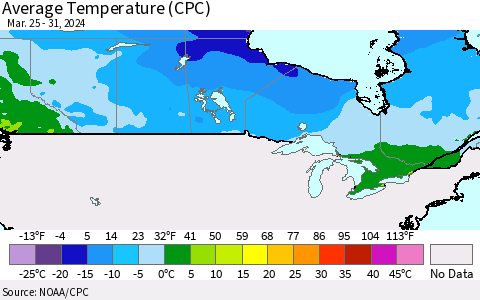 Canada Average Temperature (CPC) Thematic Map For 3/25/2024 - 3/31/2024