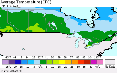 Canada Average Temperature (CPC) Thematic Map For 4/1/2024 - 4/7/2024