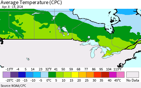 Canada Average Temperature (CPC) Thematic Map For 4/8/2024 - 4/14/2024