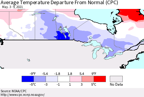 Canada Average Temperature Departure from Normal (CPC) Thematic Map For 5/3/2021 - 5/9/2021