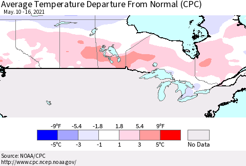 Canada Average Temperature Departure from Normal (CPC) Thematic Map For 5/10/2021 - 5/16/2021