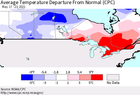 Canada Average Temperature Departure from Normal (CPC) Thematic Map For 5/17/2021 - 5/23/2021