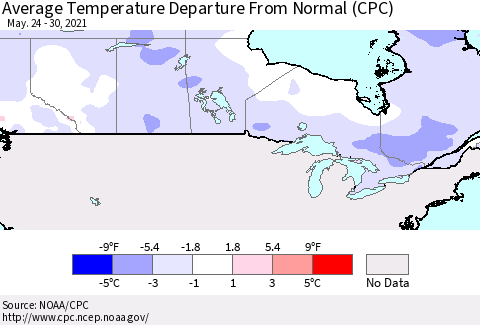 Canada Average Temperature Departure from Normal (CPC) Thematic Map For 5/24/2021 - 5/30/2021