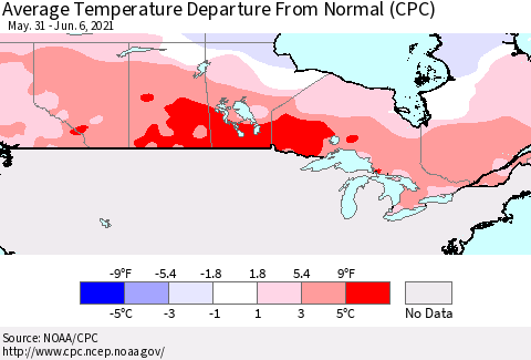 Canada Average Temperature Departure from Normal (CPC) Thematic Map For 5/31/2021 - 6/6/2021