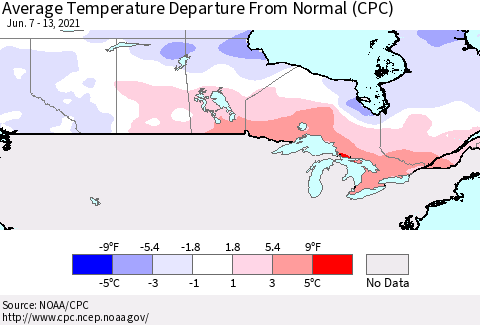 Canada Average Temperature Departure from Normal (CPC) Thematic Map For 6/7/2021 - 6/13/2021