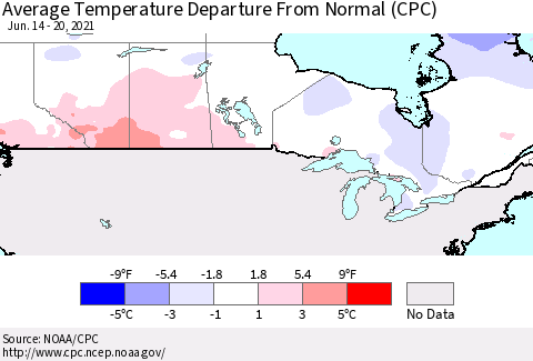 Canada Average Temperature Departure from Normal (CPC) Thematic Map For 6/14/2021 - 6/20/2021