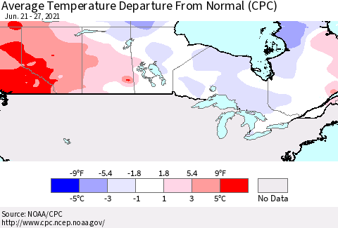 Canada Average Temperature Departure from Normal (CPC) Thematic Map For 6/21/2021 - 6/27/2021