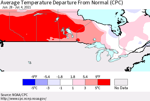 Canada Average Temperature Departure from Normal (CPC) Thematic Map For 6/28/2021 - 7/4/2021