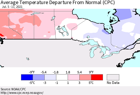 Canada Average Temperature Departure from Normal (CPC) Thematic Map For 7/5/2021 - 7/11/2021