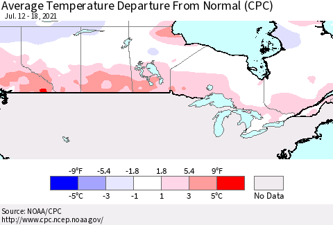 Canada Average Temperature Departure from Normal (CPC) Thematic Map For 7/12/2021 - 7/18/2021