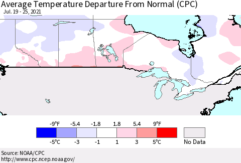 Canada Average Temperature Departure from Normal (CPC) Thematic Map For 7/19/2021 - 7/25/2021