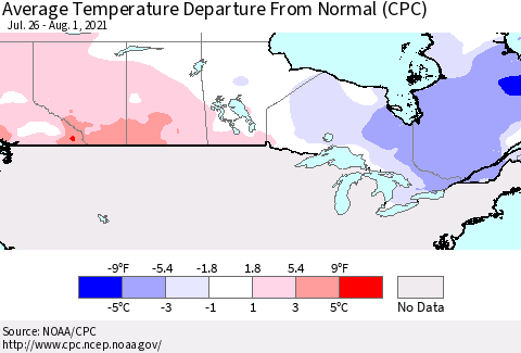 Canada Average Temperature Departure from Normal (CPC) Thematic Map For 7/26/2021 - 8/1/2021