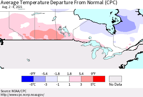 Canada Average Temperature Departure from Normal (CPC) Thematic Map For 8/2/2021 - 8/8/2021
