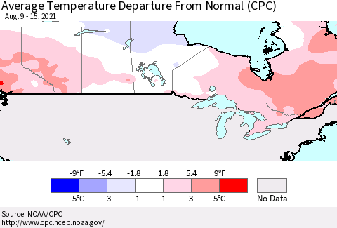 Canada Average Temperature Departure from Normal (CPC) Thematic Map For 8/9/2021 - 8/15/2021