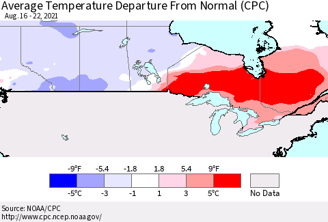 Canada Average Temperature Departure from Normal (CPC) Thematic Map For 8/16/2021 - 8/22/2021