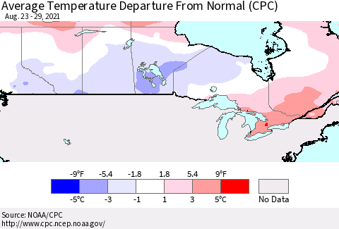 Canada Average Temperature Departure from Normal (CPC) Thematic Map For 8/23/2021 - 8/29/2021