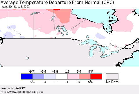 Canada Average Temperature Departure from Normal (CPC) Thematic Map For 8/30/2021 - 9/5/2021
