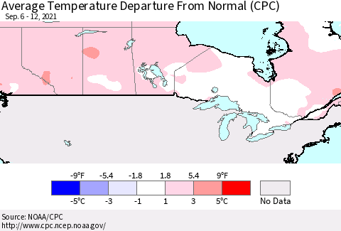 Canada Average Temperature Departure from Normal (CPC) Thematic Map For 9/6/2021 - 9/12/2021