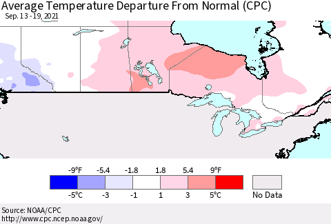 Canada Average Temperature Departure from Normal (CPC) Thematic Map For 9/13/2021 - 9/19/2021