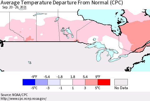 Canada Average Temperature Departure from Normal (CPC) Thematic Map For 9/20/2021 - 9/26/2021