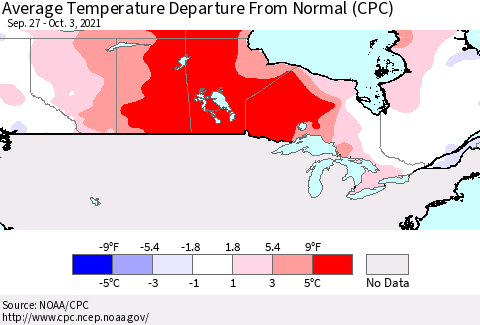 Canada Average Temperature Departure from Normal (CPC) Thematic Map For 9/27/2021 - 10/3/2021