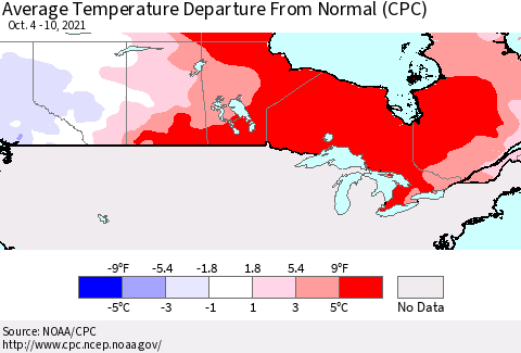 Canada Average Temperature Departure from Normal (CPC) Thematic Map For 10/4/2021 - 10/10/2021