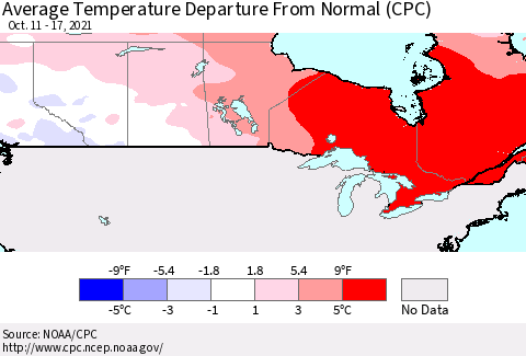 Canada Average Temperature Departure from Normal (CPC) Thematic Map For 10/11/2021 - 10/17/2021