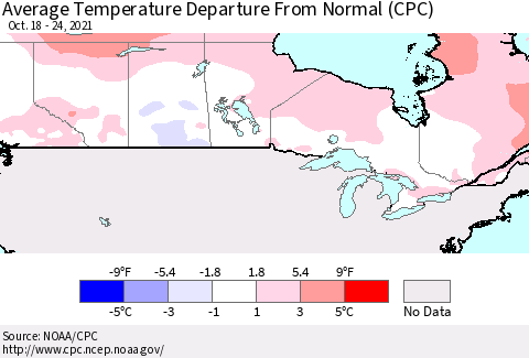 Canada Average Temperature Departure from Normal (CPC) Thematic Map For 10/18/2021 - 10/24/2021