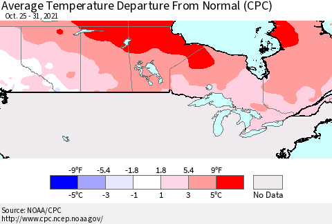 Canada Average Temperature Departure from Normal (CPC) Thematic Map For 10/25/2021 - 10/31/2021