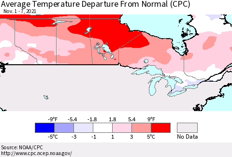 Canada Average Temperature Departure from Normal (CPC) Thematic Map For 11/1/2021 - 11/7/2021