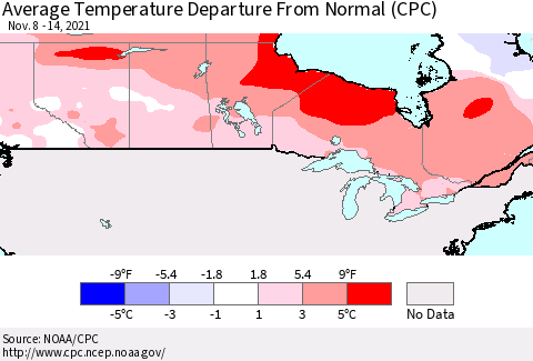 Canada Average Temperature Departure from Normal (CPC) Thematic Map For 11/8/2021 - 11/14/2021