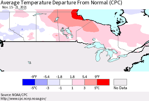 Canada Average Temperature Departure from Normal (CPC) Thematic Map For 11/15/2021 - 11/21/2021