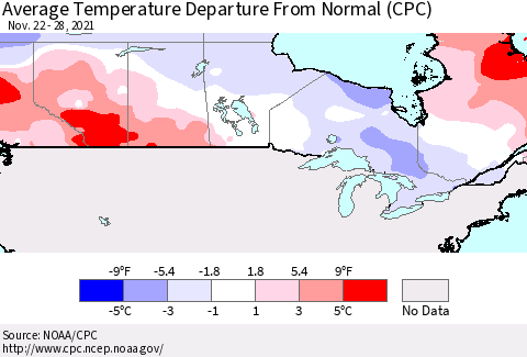 Canada Average Temperature Departure from Normal (CPC) Thematic Map For 11/22/2021 - 11/28/2021