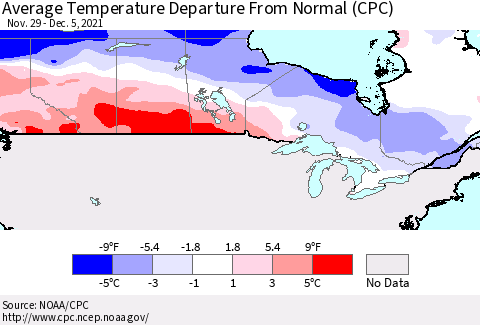 Canada Average Temperature Departure from Normal (CPC) Thematic Map For 11/29/2021 - 12/5/2021
