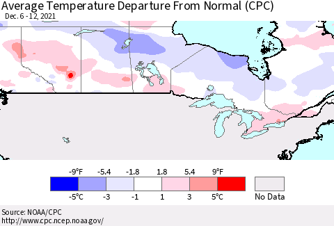 Canada Average Temperature Departure from Normal (CPC) Thematic Map For 12/6/2021 - 12/12/2021