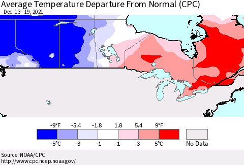 Canada Average Temperature Departure from Normal (CPC) Thematic Map For 12/13/2021 - 12/19/2021