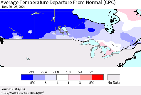 Canada Average Temperature Departure from Normal (CPC) Thematic Map For 12/20/2021 - 12/26/2021