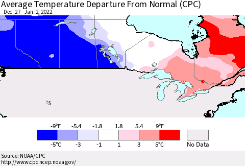 Canada Average Temperature Departure from Normal (CPC) Thematic Map For 12/27/2021 - 1/2/2022