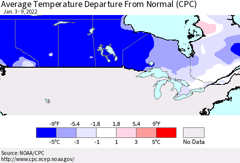 Canada Average Temperature Departure from Normal (CPC) Thematic Map For 1/3/2022 - 1/9/2022