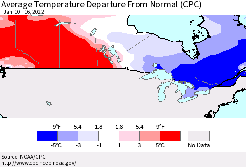 Canada Average Temperature Departure from Normal (CPC) Thematic Map For 1/10/2022 - 1/16/2022
