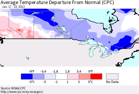 Canada Average Temperature Departure from Normal (CPC) Thematic Map For 1/17/2022 - 1/23/2022