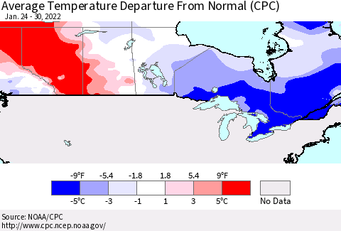 Canada Average Temperature Departure from Normal (CPC) Thematic Map For 1/24/2022 - 1/30/2022