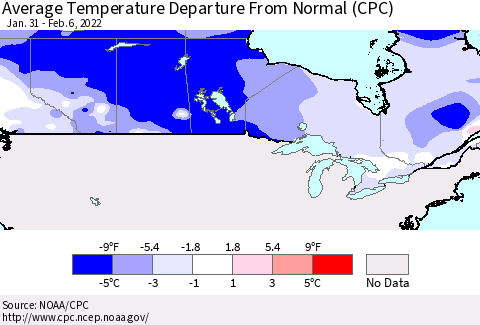 Canada Average Temperature Departure from Normal (CPC) Thematic Map For 1/31/2022 - 2/6/2022