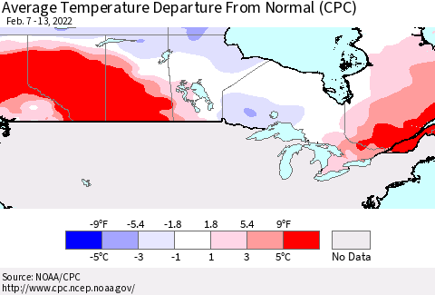 Canada Average Temperature Departure from Normal (CPC) Thematic Map For 2/7/2022 - 2/13/2022