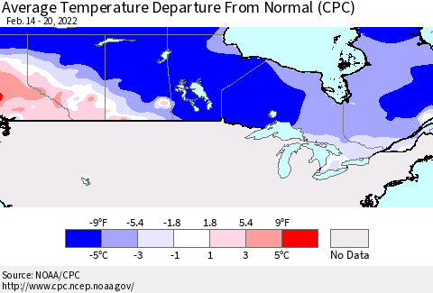Canada Average Temperature Departure from Normal (CPC) Thematic Map For 2/14/2022 - 2/20/2022